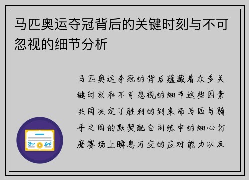 马匹奥运夺冠背后的关键时刻与不可忽视的细节分析